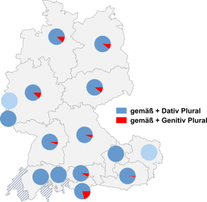 Relative Auftretenshäufigkeit von gemäß + Dativ Plural / gemäß + Genitiv Plural innerhalb der einzelnen Areale