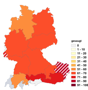 Relative Auftretenshäufigkeit von gesaugt innerhalb der einzelnen Areale im Verhältnis zu gesogen (in %)