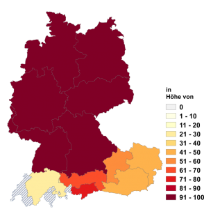 Relative Auftretenshäufigkeit von in Höhe von innerhalb der einzelnen Areale im Verhältnis zu in der Höhe von (in %)