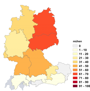 Relative Auftretenshäufigkeit von mühen innerhalb der einzelnen Areale im Verhältnis zu bemühen (in %)