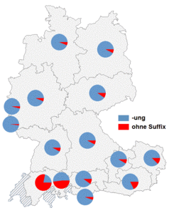 Relative Auftretenshäufigkeit von -ung / ohne Suffix innerhalb der einzelnen Areale