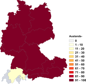 Relative Auftretenshäufigkeit von Auslands- innerhalb der einzelnen Areale im Verhältnis zu Ausland- (in %)