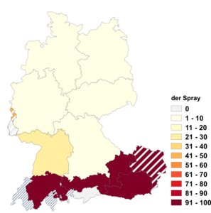 Relative Auftretenshäufigkeit von der Spray innerhalb der einzelnen Areale im Verhältnis zu das Spray (in %)