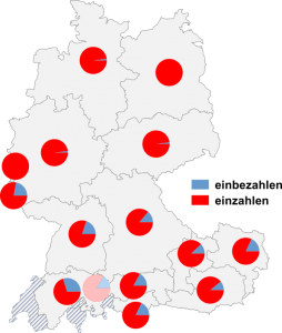 Relative Auftretenshäufigkeit von einbezahlen / einzahlen innerhalb der einzelnen Areale