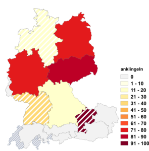 Relative Auftretenshäufigkeit von anklingeln innerhalb der einzelnen Areale im Verhältnis zu durchklingeln (in %)
