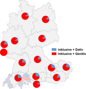 Relative Auftretenshäufigkeit von inklusive + Dativ / inklusive + Genitiv innerhalb der einzelnen Areale