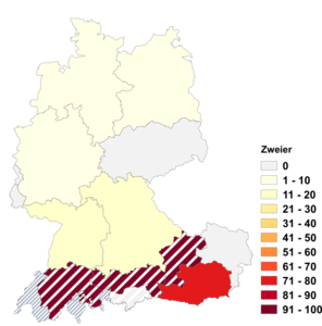 Relative Auftretenshäufigkeit von Zweier innerhalb der einzelnen Areale im Verhältnis zu Zwei (in %)