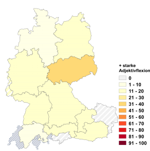 Relative Auftretenshäufigkeit von beide + starke Adjektivflexion innerhalb der einzelnen Areale im Verhältnis zu beide + schwache Adjektivflexion (in %)