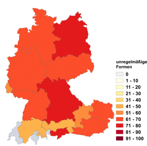 Relative Auftretenshäufigkeit von unregelmäßigen Formen innerhalb der einzelnen Areale im Verhältnis zu regelmäßigen Formen (in %)