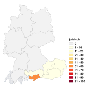 Relative Auftretenshäufigkeit von juridisch innerhalb der einzelnen Areale im Verhältnis zu juristisch (in %)