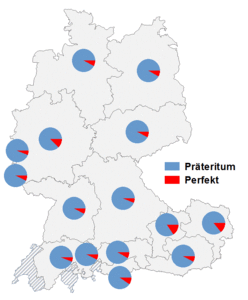 Relative Auftretenshäufigkeit von Präteritum / Perfekt innerhalb der einzelnen Areale