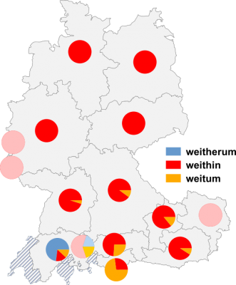 Relative Auftretenshäufigkeit von weitherum / weithin / weitum innerhalb der einzelnen Areale