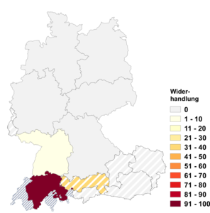Relative Auftretenshäufigkeit von Widerhandlung innerhalb der einzelnen Areale im Verhältnis zu Zuwiderhandlung (in %)