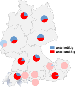 Relative Auftretenshäufigkeit von anteilmäßig / anteilsmäßig innerhalb der einzelnen Areale