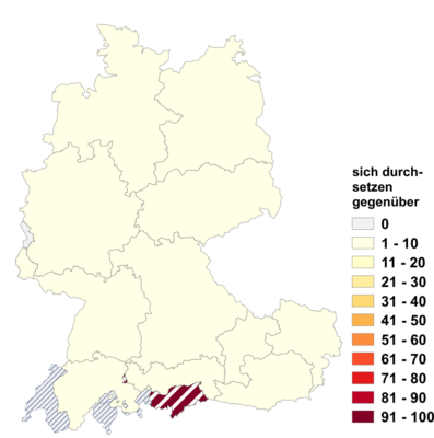 Relative Auftretenshäufigkeit von sich durchsetzen gegenüber innerhalb der einzelnen Areale im Verhältnis zu sich durchsetzen gegen und sich durchsetzen über (in %)