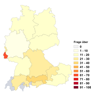 Relative Auftretenshäufigkeit von Frage über innerhalb der einzelnen Areale im Verhältnis zu Frage zu (in %)