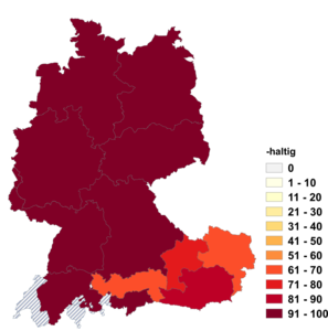 Relative Auftretenshäufigkeit von -haltig innerhalb der einzelnen Areale im Verhältnis zu -hältig (in %)
