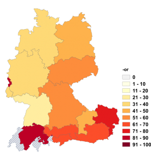 Relative Auftretenshäufigkeit von -or innerhalb der einzelnen Areale im Verhältnis zu -eur (in %)