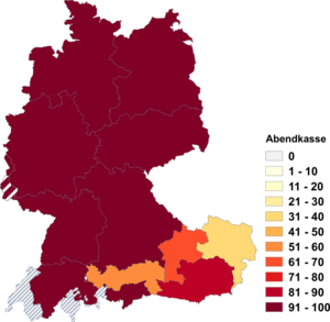 Relative Auftretenshäufigkeit von Abendkasse innerhalb der einzelnen Areale im Verhältnis zu Abendkassa (in %)