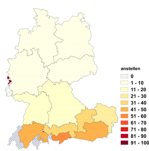 Relative Auftretenshäufigkeit von anstellen innerhalb der einzelnen Areale im Verhältnis zu einstellen (in %)