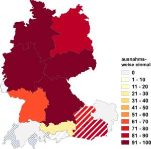 Relative Auftretenshäufigkeit von ausnahmsweise einmal innerhalb der einzelnen Areale im Verhältnis zu für einmal (in %)
