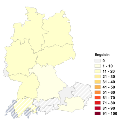 Relative Auftretenshäufigkeit von Engelein innerhalb der einzelnen Areale im Verhältnis zu Engelchen und Engerl (in %)