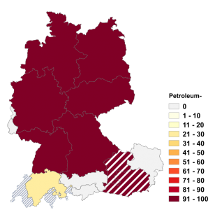 Relative Auftretenshäufigkeit von Petroleum- innerhalb der einzelnen Areale im Verhältnis zu Petrol- (in %)