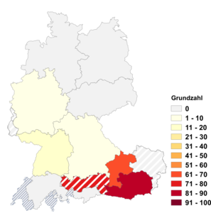 Relative Auftretenshäufigkeit von Grundzahl innerhalb der einzelnen Areale im Verhältnis zu Ordnungszahl (in %)