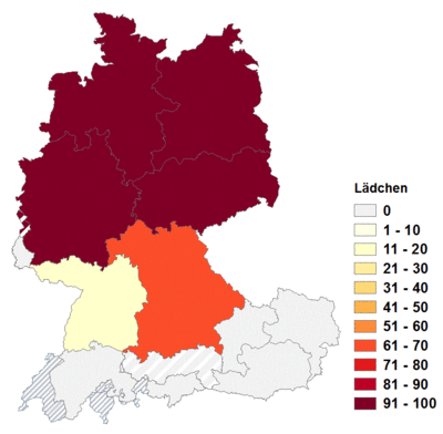 Relative Auftretenshäufigkeit von Lädchen innerhalb der einzelnen Areale im Verhältnis zu Läd(e)le und Lädli (in %)