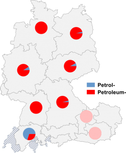 Relative Auftretenshäufigkeit von Petrol- / Petroleum- innerhalb der einzelnen Areale