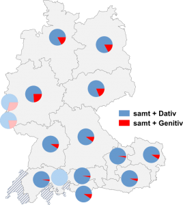 Relative Auftretenshäufigkeit von samt + Dativ / samt + Genitiv innerhalb der einzelnen Areale