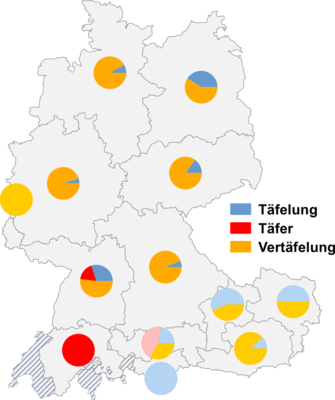 Relative Auftretenshäufigkeit von Täfelung / Täfer / Vertäfelung innerhalb der einzelnen Areale