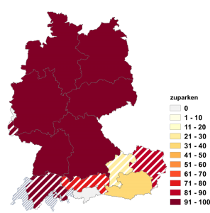 Relative Auftretenshäufigkeit von zuparken innerhalb der einzelnen Areale im Verhältnis zu verparken (in %)