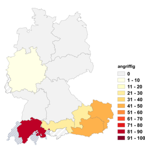 Relative Auftretenshäufigkeit von angriffig innerhalb der einzelnen Areale im Verhältnis zu angriffslustig (in %)