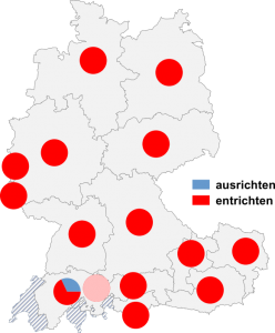 Relative Auftretenshäufigkeit von ausrichten / entrichten innerhalb der einzelnen Areale