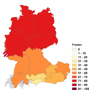 Relative Auftretenshäufigkeit von Frieden innerhalb der einzelnen Areale im Verhältnis zu Friede (in %)