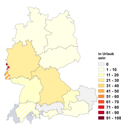 Relative Auftretenshäufigkeit von in Urlaub sein innerhalb der einzelnen Areale im Verhältnis zu auf Urlaub sein und im Urlaub sein (in %)