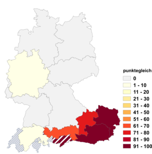 Relative Auftretenshäufigkeit von punktegleich innerhalb der einzelnen Areale im Verhältnis zu punktgleich (in %)