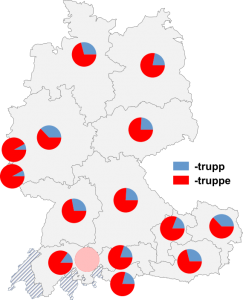 Relative Auftretenshäufigkeit von -trupp / -truppe innerhalb der einzelnen Areale