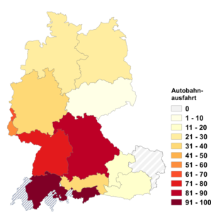 Relative Auftretenshäufigkeit von Autobahnausfahrt innerhalb der einzelnen Areale im Verhältnis zu Autobahnabfahrt (in %)