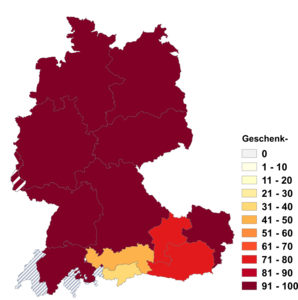 Relative Auftretenshäufigkeit von Geschenk- innerhalb der einzelnen Areale im Verhältnis zu Geschenks- (in %)