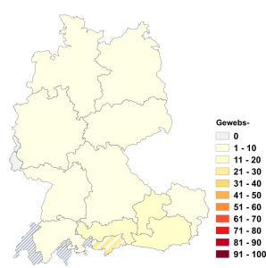 Relative Auftretenshäufigkeit von Gewebs- innerhalb der einzelnen Areale im Verhältnis zu Gewebe- (in %)