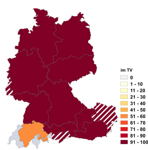Relative Auftretenshäufigkeit von im TV innerhalb der einzelnen Areale im Verhältnis zu am TV (in %)