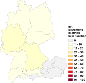 Relative Auftretenshäufigkeit von mit Bewährung in attributiver Funktion innerhalb der einzelnen Areale im Verhältnis zu auf Bewährung in attributiver Funktion (in %)