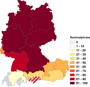 Relative Auftretenshäufigkeit von Nominalphrase innerhalb der einzelnen Areale im Verhältnis zu Kompositum (in %)