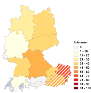 Relative Auftretenshäufigkeit von Schnauzer innerhalb der einzelnen Areale im Verhältnis zu Schnauz, Schnauzbart und Schnäuzer (in %)