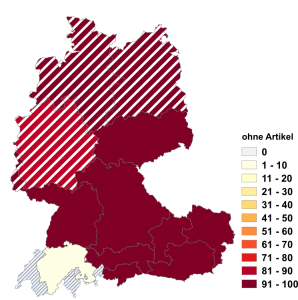 Relative Auftretenshäufigkeit von Tirol / -tirol ohne Artikel innerhalb der einzelnen Areale im Verhältnis zu Tirol / -tirol mit Artikel (in %)