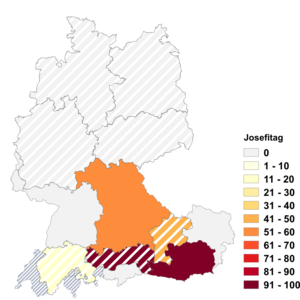 Relative Auftretenshäufigkeit von Josefitag innerhalb der einzelnen Areale im Verhältnis zu Josefstag (in %)