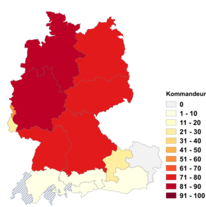 Relative Auftretenshäufigkeit von Kommandeur innerhalb der einzelnen Areale im Verhältnis zu Kommandant (in %)