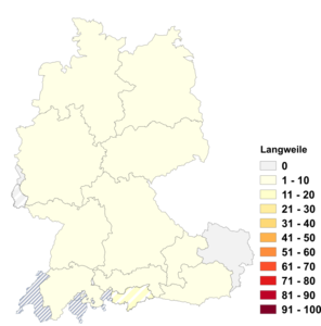 Relative Auftretenshäufigkeit von Langweile innerhalb der einzelnen Areale im Verhältnis zu Langeweile (in %)